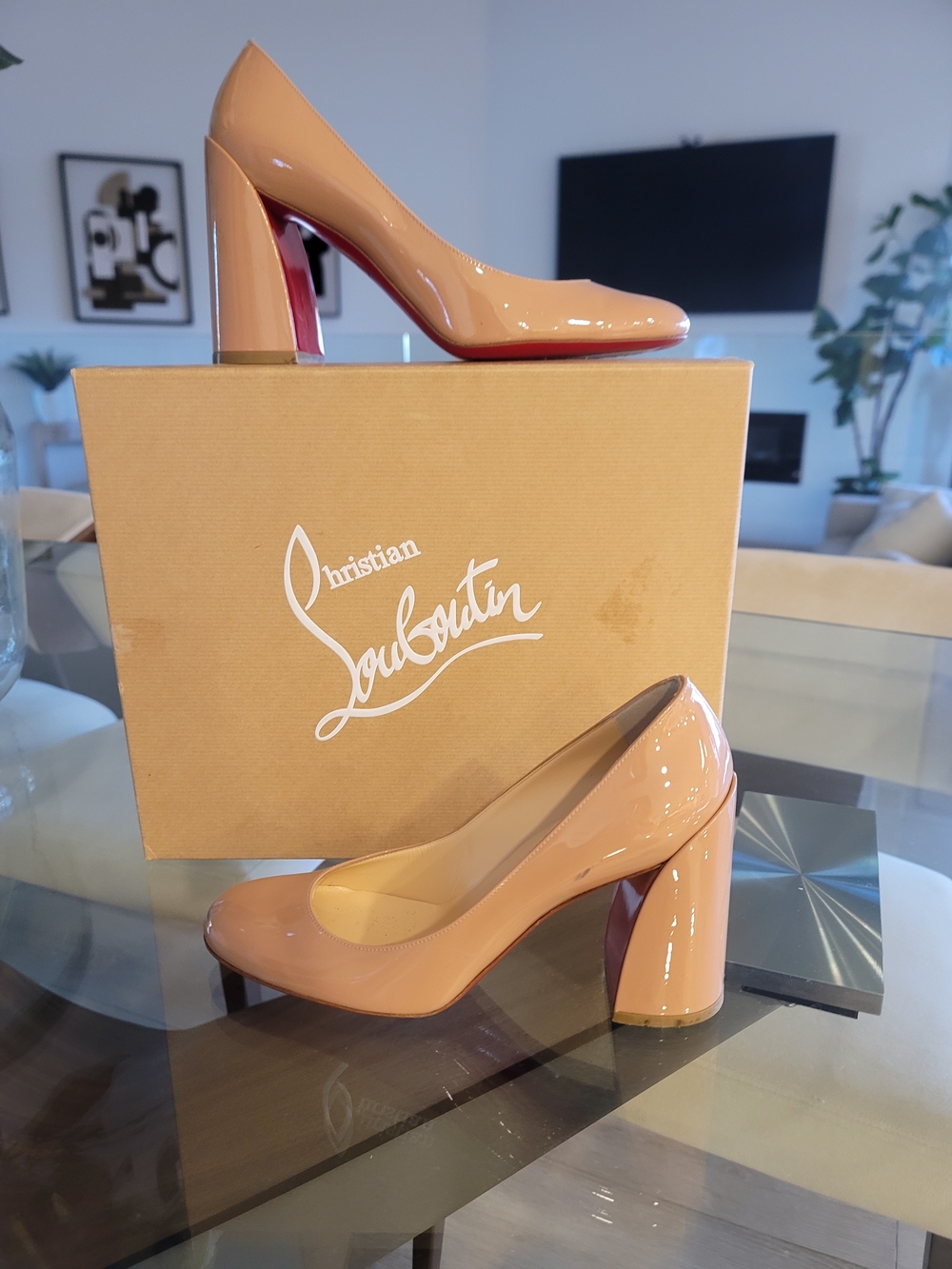 Christian Louboutin Nude Patent Leather Block Heel Pumps Size 7